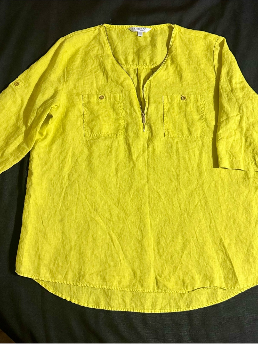Ellen Tracy Bright Yellow Linen Half-Zip Top